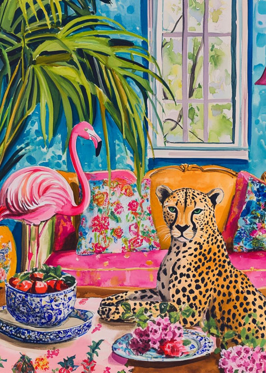 Sala Exótica com Flamingo e Leopardo