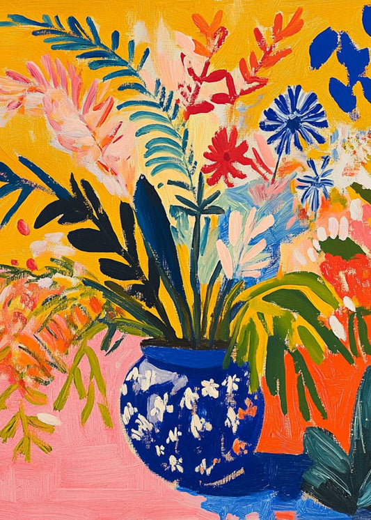 Flores Tropicais no Vaso Azul