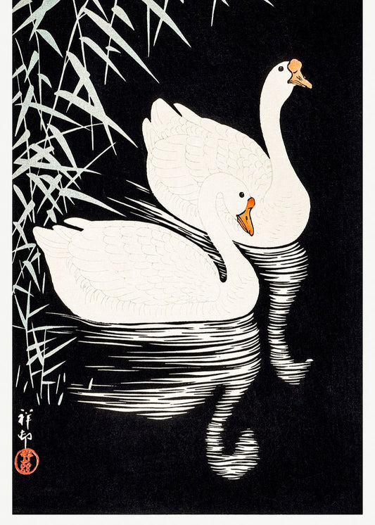Gravura Japonesa – Cisnes na Água
